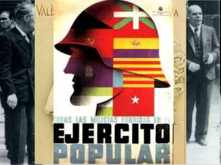 • Una gran part de les forces polítiques van reclamar un poder
estatal fort i un pacte antifeixista que:
a) Controlés les experiències d’autogestió.
b) Controlés l’autonomia de les columnes de milicians als fronts de
guerra.
c) Posés fi al terror revolucionari.
• El 5 de setembre de 1936, Largo Caballero (socialista): forma
govern amb republicans, socialistes i comunistes.
• Dos mesos més tard entraren al govern quatre ministres
anarcosindicalistes, entre ells una dona, Frederica Montseny.
• Largo Caballero volia crear una gran aliança entre les forces
republicanes, burgeses i obreres per guanyar la guerra gràcies
a la reorganització de l’Estat, la militarització de les milícies i la
formació de l’Estat Popular.
El govern de Largo Caballero (setembre 1936-
maig 1937)
 