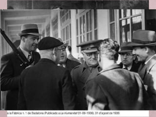 • A Catalunya, el 26 de setembre, es va dissoldre el Comitè de
Milícies Antifeixistes, i es forma un govern d’unitat presidit
per Josep Tarradellas com a conseller primer (actual conseller
en cap) amb participació d’Acció Catalana Republicana,
POUM, PSUC, ERC i CNT.
• Aquest govern d’unitat prendrà les següents mesures:
a) Els comitès locals van ser substituïts per nous ajuntaments.
b) Es van centralitzar els serveis policials: Junta de Seguretat
Interior.
c) Es reconstruí l’aparell judicial.
d) Militarització de les milícies. Creació de l' Exèrcit Popular de
Catalunya.
e) La Generalitat va ampliar la intervenció en l’economia, per
controlar les col·lectivitzacions.
 