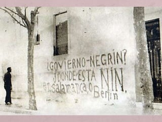 • Els fets de maig van fer perdre influència als anarquistes i
enforteixen posicions dels comunistes Que van exigir que el
POUM fos il·legalitzat i que els seus líders fossin detinguts.
• El govern de Largo Caballero tenia en contra els comunistes,
socialistes i republicans d’esquerra que van fer servir la
negativa d’aquest d’il·legalitzar el POUM per forçar una crisi
que portarà a la destitució de Largo Caballero. Manuel Azaña
va encarregar la formació d’un nou govern al socialista Juan
Negrín.
• El POUM fou declarat il·legal, i els seus militants detinguts.
Andreu Nin fou tret de la presó i assassinat.
El govern de Negrín (maig 1937-març 1939)
 