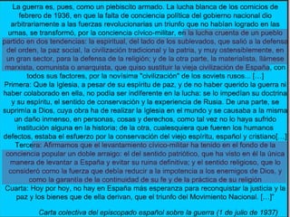 • Es donava un tracte privilegiat a l'Església Catòlica, al juliol del
1937 es va fer pública una pastoral col·lectiva dels bisbes per
donar suport als insurrectes.
• Espanya esdevé estat confessional. Es van derogar les lleis del
matrimoni civil i del divorci. Es va establir el culte religiós en
l’ensenyament i en l’exèrcit i es va instituir una retribució
estatal al clero.
 