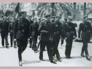 • La guerra fou també una guerra civil catalana. Van ser pocs
els que es van incorporar als insurrectes i més van lluitar a
favor de la República.
• Entre 50.000 i 60.000 catalans van poder fugir a la zona
nacional, una tercera part es va afiliar a les milícies
falangistes.
• Així, als carlins, falangistes i als membres de la CEDA, que
havien donat suport a la insurrecció, s’hi afegiren els qui
fugien de la zona republicana a causa de la persecució que es
va produir a l’inici de la revolució social.
• Van ser catòlics, conservadors i persones procedents del
catalanisme de dretes. La personalitat més significativa va ser
Francesc Cambó.
Els catalans de Burgos
 