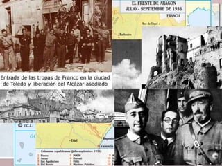 • La Batalla de Madrid (juliol del 36 – març del 37):
• Agost de 1936 – les tropes del Marroc passen per l’Estret de Gibraltar
a les costes de Cadis amb l’ajut logístic d’Itàlia. Ocupació de Badajoz
(unificació zona nacional)
• Setembre del 36 - Avanç sobre Madrid. Ocupació de Toledo.
Campanya de Mola sobre Guipúscoa (ocupació d’Irun i de Sant
Sebastià).
Marxa de les milícies cap a Saragossa per donar oxigen a Madrid.
• Novembre del 36 - Fracàs en l’intent d’ocupació de Madrid, defensada
per les milícies i les Brigades Internacionals (NO PASARÁN). El govern
republicà s’instal·la a València.
• Intent d'aïllar Madrid:
• Febrer del 37 – Batalla del Jarama. Màlaga cau en mans nacionals.
• Març del 37 – Batalla de Guadalajara– Derrota dels italians
La lluita per Madrid (juliol 1936-març 1937)
 