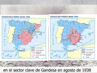 • La Batalla de Catalunya (març del 38 – febrer del 39)
• Març del 38 – Inici de la campanya d’Aragó de l’exèrcit franquista, baixant
l’Ebre cap a Catalunya.
• 3 d’abril – Ocupació de Lleida i Gandesa
• Finals d’abril – l’Exèrcit de Franco arriba a la Mediterrània per Vinaròs,
partint en dos el territori republicà i aïllant Catalunya de la resta del
territori de la República.
• Maig de 1938 – Programa del Tretze Punts de Negrín, rebutjat per Franco.
• Juliol – Novembre del 38 – Batalla de l’Ebre – Última gran ofensiva
republicana amb l’intent d’aturar l’avenç feixista.
• 29 de setembre de 1938 – Pacte de Munic entre Hitler i França i el Regne
Unit, que
• esvaeix les esperances d’ajut de les democràcies a la República Espanyola.
• Desembre del 38 – Inici de la campanya de Catalunya i ocupació del
territori català: 15 de gener del 39, Tarragona. 26 de gener, Barcelona. 11
de febrer, frontera amb França.
• Gener – febrer del 39 – Exili massiu de gairebé 500.000 persones que
creuen la frontera francesa.
L’arribada a la Mediterrània (novembre 1937-1938)
i l’ocupació de Catalunya (juliol 1938-febrer 1939)
 