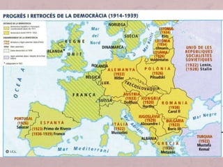• Etapa d’entreguerres (1919-1939): Ascens dels feixismes a
Europa (Hitler i Mussolini) i crisi econòmica mundial (crack del 29).
Consolidació del comunisme a la URSS, amb Stalin. Democràcies
dèbils que no poden aturar els totalitarismes (França, Regne
Unit...).
• Anys previs a la Segona Guerra Mundial (1939-1945).
• Polarització: democràcies/dictadures, feixisme/comunisme
(totalitarismes), dretes/esquerres.
 