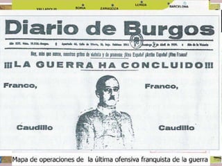 • El final de la guerra (febrer – març del 39):
• Febrer de 1939 – Manteniment de la política de Negrín de la
resistència a ultrança.
• Març de 1939 – França i el Regne Unit reconeixen el govern del
general Franco.
• Març de 1939 – Cop d’Estat del coronel Casado a Madrid.
• 29 de març – Ocupació de Madrid
• 30 de març – Ocupació de València i Alacant.
• 1 d’abril – final de la guerra.
La fi de la guerra (febrer-abril del 1939)
 