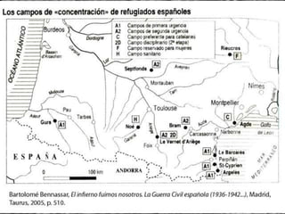 • La població civil d'ambdós bàndols va fugir del territori en què es
trobaven. El traspàs de població va ser d’una zona a l’altra.
• A finals del 1938, hi havia a Catalunya, un milió de refugiats. Els
problemes d’alimentació, allotjament, escolarització, sanitat,
higiene, etc., van suposar una tasca organitzativa per tal d’acollir i
atendre una població formada majoritàriament per dones, nens i
ancians.
• Prop de 13.000 nens i nenes, van ser embarcats amb destinació a
països europeus i americans i a la Unió Soviètica.
• Cap al final de la guerra, persones de tota Espanya i milers de
soldats en retirada es van concentrar a Catalunya per passar la
frontera francesa.
• Entre el 27 de gener i el 3 de febrer del 1939, mig milió d’espanyols
van entrar a França. Alguns va ser reclosos en camps de
concentració improvisats a les platges properes a Argelers i Sant
Cebrià.
La població desplaçada: refugiats i exiliats
 