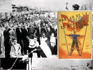 • Els insurrectes estaven dirigits per militars que tenien el suport de
les classes altes i dels sectors més conservadors: monàrquics de
dretes, grups catòlics, falangistes, tradicionalistes i classes altes:
burgesia i terratinents. Tenien també el suport del feixisme italià i
el nazisme alemany i es definien com a “nacionals” (per la seva
defensa de la unitat d’Espanya) i catòlics. Els militar volien imposar
una dictadura militar que restablís “l’ordre” i aturés el risc d’una
revolució social. Els monàrquics i la CEDA volien també la posterior
tornada de la monarquia alfonsina mentre que els falangistes
pretenien imposar un règim feixista a la italiana i els carlins volien la
instauració de la monarquia tradicionalista.
La consolidació dels bàndols
Alguns militars implicats: Franco (Canàries), Queipo de Llano (Sevilla), el
General Mola (Navarra), Goded (Catalunya), el General Sanjurjo.
 