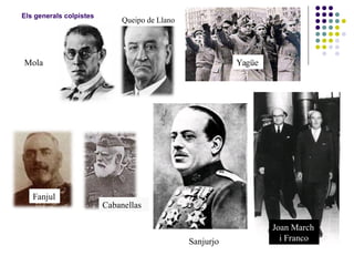 Joan March
i FrancoSanjurjo
Queipo de Llano
Fanjul
Cabanellas
Mola Yagüe
Els generals colpistes
 