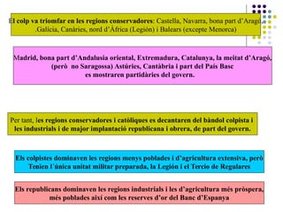 El colp va triomfar en les regions conservadores: Castella, Navarra, bona part d’Aragó,
.Galícia, Canàries, nord d’Àfrica (Legión) i Balears (excepte Menorca)
Madrid, bona part d’Andalusia oriental, Extremadura, Catalunya, la meitat d’Aragó,
(però no Saragossa) Astúries, Cantàbria i part del País Basc
es mostraren partidàries del govern.
Per tant, les regions conservadores i catòliques es decantaren del bàndol colpista i
les industrials i de major implantació republicana i obrera, de part del govern.
Els colpistes dominaven les regions menys poblades i d’agricultura extensiva, però
Tenien l´única unitat militar preparada, la Legión i el Tercio de Regulares
Els republicans dominaven les regions industrials i les d’agricultura més pròspera,
més poblades així com les reserves d’or del Banc d’Espanya
 