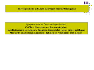 Ideològicament, el bándol insurrecte, més tard franquista
Agrupava totes les forces antirepublicanes:
Catòlics, falangistes, carlins, monàrquics.
Sociològicament: terratinents, financers, industrials i classes mitges catòliques
Més tard s’anomenaren Nacionals i definien els republicans com a Rojos
 