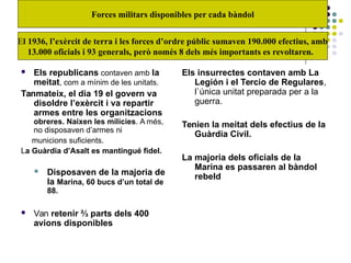Forces militars disponibles per cada bàndol
 Els republicans contaven amb la
meitat, com a mínim de les unitats.
Tanmateix, el dia 19 el govern va
disoldre l’exèrcit i va repartir
armes entre les organitzacions
obreres. Naixen les milícies. A més,
no disposaven d’armes ni
municions suficients.
La Guàrdia d’Asalt es mantingué fidel.
 Disposaven de la majoria de
la Marina, 60 bucs d’un total de
88.
 Van retenir ⅔ parts dels 400
avions disponibles
Els insurrectes contaven amb La
Legión i el Tercio de Regulares,
l`única unitat preparada per a la
guerra.
Tenien la meitat dels efectius de la
Guàrdia Civil.
La majoria dels oficials de la
Marina es passaren al bàndol
rebeld
El 1936, l’exèrcit de terra i les forces d’ordre públic sumaven 190.000 efectius, amb
13.000 oficials i 93 generals, però només 8 dels més importants es revoltaren.
 