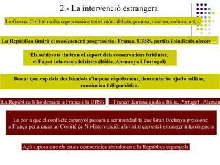 2.- La intervenció estrangera.
La Guerra Civil té molta repercussió a tot el món: debats, premsa, cinema, cultura, art,...
La República tindrà el recolzament progressista: França, URSS, partits i sindicats obrers,...
Els sublevats tindran el suport dels conservadors britànics,
el Papat i els estats feixistes (Itàlia, Alemanya i Portugal)
La República li ho demana a França i la URSS Franco demana ajuda a Itàlia, Portugal i Aleman
La por a que el conflicte espanyol passara a ser mundial fa que Gran Bretanya pressione
a França per a crear un Comitè de No-Intervenció: afavorint cap estat estranger intervinguera
Açò suposa que els estats democràtics abandonen a la República espanyola
Donat que cap dels dos bàndols s’imposa ràpidament, demandaràn ajuda militar,
econòmica i dilpomàtica.
 