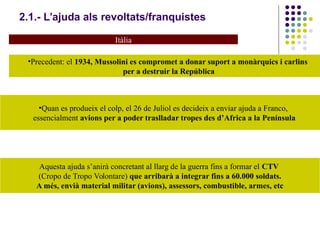 2.1.- L’ajuda als revoltats/franquistes
•Precedent: el 1934, Mussolini es compromet a donar suport a monàrquics i carlins
per a destruir la República
•Quan es produeix el colp, el 26 de Juliol es decideix a enviar ajuda a Franco,
essencialment avions per a poder traslladar tropes des d’Africa a la Península
Aquesta ajuda s’anirà concretant al llarg de la guerra fins a formar el CTV
(Cropo de Tropo Volontare) que arribarà a integrar fins a 60.000 soldats.
A més, envià material militar (avions), assessors, combustible, armes, etc
Itàlia
 