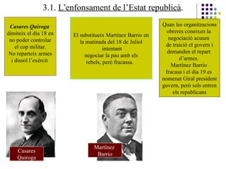 3.1. L’enfonsament de l’Estat republicà.
Casares Quiroga
dimiteix el dia 18 en
no poder controlar
el cop militar.
No reparteix armes
i dissol l’exèrcit
El substitueix Martínez Barrio en
la matinada del 18 de Juliol
intentant
negociar la pau amb els
rebels, però fracassa.
Casares
Quiroga
Martínez
Barrio
Quan les organitzacions
obreres coneixen la
negociació acusen
de traició el govern i
demanden el repart
d’armes.
Martínez Barrio
fracasa i el dia 19 es
nomenat Giral president
govern, però sols entren
els republicans
 