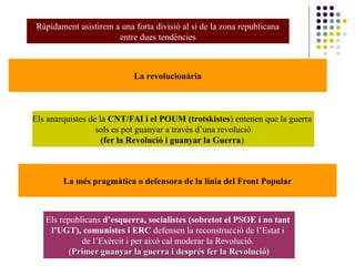 Ràpidament asistirem a una forta divisió al si de la zona republicana
entre dues tendències
La revolucionària
La més pragmàtica o defensora de la línia del Front Popular
Els anarquistes de la CNT/FAI i el POUM (trotskistes) entenen que la guerra
sols es pot guanyar a través d’una revolució
(fer la Revolució i guanyar la Guerra(fer la Revolució i guanyar la Guerra)
Els republicans d’esquerra, socialistes (sobretot el PSOE i no tant
l’UGT), comunistes i ERC defensen la reconstrucció de l’Estat i
de l’Exèrcit i per això cal moderar la Revolució.
(Primer guanyar la guerra i després fer la Revolució)Primer guanyar la guerra i després fer la Revolució)
 