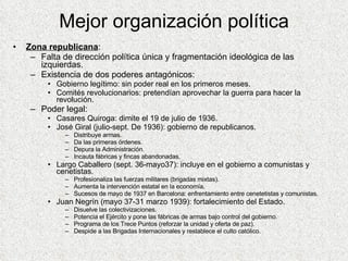 Mejor organización política <ul><li>Zona republicana : </li></ul><ul><ul><li>Falta de dirección política única y fragmenta...