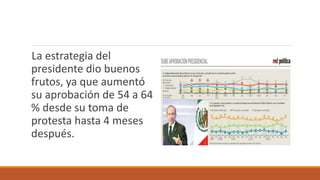 La estrategia del
presidente dio buenos
frutos, ya que aumentó
su aprobación de 54 a 64
% desde su toma de
protesta hasta 4 meses
después.
 