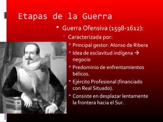 Etapas de la Guerra
        Guerra Ofensiva (1598-1612):
          Caracterizada por:
            Principal gestor: Alonso de Ribera
            Idea de esclavitud indígena 
             negocio
            Predominio de enfrentamientos
             bélicos.
            Ejército Profesional (financiado
             con Real Situado).
            Consiste en desplazar lentamente
             la frontera hacia el Sur.
 