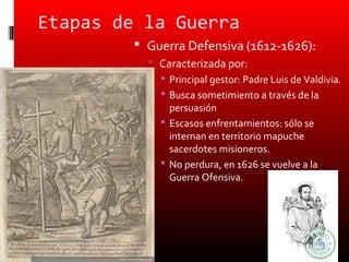 Etapas de la Guerra
          Guerra Defensiva (1612-1626):
            Caracterizada por:
              Principal gestor: Padre Luis de Valdivia.
              Busca sometimiento a través de la
               persuasión
              Escasos enfrentamientos: sólo se
               internan en territorio mapuche
               sacerdotes misioneros.
              No perdura, en 1626 se vuelve a la
               Guerra Ofensiva.
 