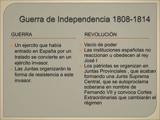 GUERRA
 Un ejercito que había
entrado en España por un
tratado se convierte en un
ejército invasor.
 Las Juntas organizarán la
forma de resistencia a este
invasor.
REVOLUCIÓN
 Vacío de poder
 Las instituciones españolas no
reaccionan u obedecen al rey
José I
 Los patriotas se organizan en
Juntas Provinciales , que acaban
formando una Junta Suprema
Central, que se autoproclama
soberana en nombre de
Fernando VII y convoca Cortes
Extraordinarias que cambiarán el
régimen
 