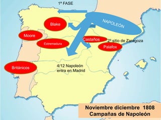 Blake
Moore
Castaños
Palafox
Extremadura
Británicos
Noviembre diciembre 1808
Campañas de Napoleón
1ª FASE
2º sitio de Zaragoza
4/12 Napoleón
entra en Madrid
 