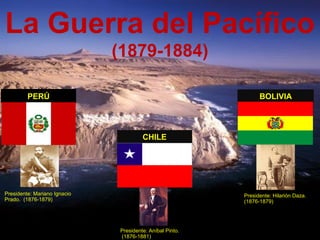 La Guerra del Pacífico
                              (1879-1884)

         PERÚ                                                   BOLIVIA




                                       CHILE




Presidente: Mariano Ignacio                               Presidente: Hilarión Daza.
Prado. (1876-1879)                                        (1876-1879)




                              Presidente: Aníbal Pinto.
                              (1876-1881)
 
