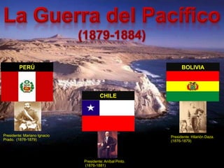 PERÚ                                                   BOLIVIA




                                       CHILE




Presidente: Mariano Ignacio                               Presidente: Hilarión Daza.
Prado. (1876-1879)                                        (1876-1879)




                              Presidente: Aníbal Pinto.
                              (1876-1881)
 