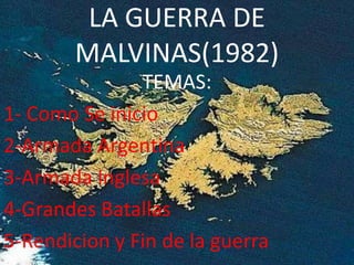 LA GUERRA DE
        MALVINAS(1982)
               TEMAS:
1- Como Se inicio
2-Armada Argentina
3-Armada Inglesa
4-Grandes Batallas
5-Rendicion y Fin de la guerra
 