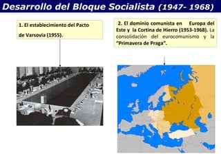 Desarrollo del Bloque Socialista (1947- 1968)
   1. El establecimiento del Pacto    2. El dominio comunista en Europa del
                                     Este y la Cortina de Hierro (1953-1968). La
   de Varsovia (1955).               consolidación del eurocomunismo y la
                                     “Primavera de Praga”.
 
