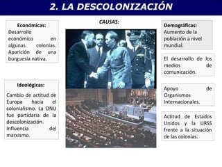 2. LA DESCOLONIZACIÓN
                           CAUSAS:
    Económicas:                       Demográficas:
Desarrollo                            Aumento de la
económico         en                  población a nivel
algunas     colonias.                 mundial.
Aparición de una
burguesía nativa.                     El desarrollo de los
                                      medios            de
                                      comunicación.

    Ideológicas:
                                      Apoyo               de
Cambio de actitud de                  Organismos
Europa     hacia   el                 Internacionales.
colonialismo. La ONU
fue partidaria de la                  Actitud de Estados
descolonización.                      Unidos y la URSS
Influencia        del                 frente a la situación
marxismo.                             de las colonias.
 