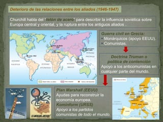 Deterioro de las relaciones entre los aliados (1946-1947)
Churchill habla del “telón de acero” para describir la influencia soviética sobre
Europa central y oriental, y la ruptura entre los antiguos aliados .
Guerra civil en Grecia:
 Monárquicos (apoyo EEUU).
 Comunistas.
Doctrina Truman o
política de contención
Apoyo a los anticomunistas en
cualquier parte del mundo.
Plan Marshall (EEUU)
Ayudas para reconstruir la
economía europea.
Kominform (URSS)
Apoyo a los partidos
comunistas de todo el mundo.
 