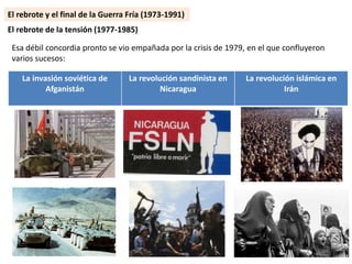 La invasión soviética de
Afganistán
La revolución sandinista en
Nicaragua
La revolución islámica en
Irán
El rebrote de la tensión (1977-1985)
Esa débil concordia pronto se vio empañada por la crisis de 1979, en el que confluyeron
varios sucesos:
El rebrote y el final de la Guerra Fría (1973-1991)
 