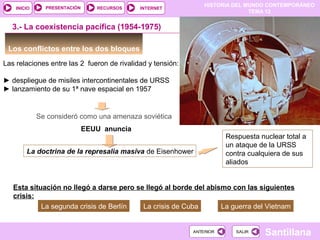 HISTORIA DEL MUNDO CONTEMPORÁNEO
TEMA 12
RECURSOS INTERNETPRESENTACIÓN
Santillana
INICIO
SALIRSALIRANTERIORANTERIOR
Los conflictos entre los dos bloques
Las relaciones entre las 2 fueron de rivalidad y tensión:
► despliegue de misiles intercontinentales de URSS
► lanzamiento de su 1ª nave espacial en 1957
3.- La coexistencia pacífica (1954-1975)
Se consideró como una amenaza soviética
EEUU anuncia
La doctrina de la represalia masiva de Eisenhower
Respuesta nuclear total a
un ataque de la URSS
contra cualquiera de sus
aliados
Esta situación no llegó a darse pero se llegó al borde del abismo con las siguientes
crisis:
La segunda crisis de Berlín La crisis de Cuba La guerra del Vietnam
 