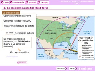 HISTORIA DEL MUNDO CONTEMPORÁNEO
TEMA 12
RECURSOS INTERNETPRESENTACIÓN
Santillana
INICIO
SALIRSALIRANTERIORANTERIOR
3.- La coexistencia pacífica (1954-1975)
La crisis de Cuba
En 1959 Revolución cubana
Se impone un régimen
comunista con Fidel Castro
(EEUU lo ve como una
amenaza)
Ampliación
Con ayuda soviética
pracricopedia
-Colonia española hasta 1898
-Gobiernos “aliados” de EEUU
- Hasta 1959 dictadura de Batista
 