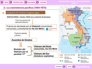 HISTORIA DEL MUNDO CONTEMPORÁNEO
TEMA 12
RECURSOS INTERNETPRESENTACIÓN
Santillana
INICIO
SALIRSALIRANTERIORANTERIOR
3.- La coexistencia pacífica (1954-1975)
La guerra de Vietnam (imágenes inglés)
INDOCHINA: hasta 1954 era colonia francesa
Tras una guerra de
descolonización
Francia es derrotada por el Vietminh (movimiento
comunista y anticolonial de Ho Chi Minh)
Francia pierde
y firma
Acuerdos de Ginebra
División del
Vietnam por el
paralelo 17º
Vietnam del Norte
comunista, Ho Chi Minh
Vietnam del Sur
dictadura capitalista
Antecedentes
9 mn
 