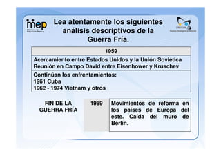 Lea atentamente los siguientes
         análisis descriptivos de la
                Guerra Fría.
                           1959
Acercamiento entre Estados Unidos y la Unión Soviética
Reunión en Campo David entre Eisenhower y Kruschev
Continúan los enfrentamientos:
1961 Cuba
1962 - 1974 Vietnam y otros

   FIN DE LA        1989     Movimientos de reforma en
  GUERRA FRÍA                los países de Europa del
                             este. Caída del muro de
                             Berlín.
 
