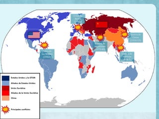 Estados Unidos y la OTAN
Aliados de Estados Unidos
Unión Soviética
Aliados de la Unión Soviética
China
Principales conflictos
Crisis de
los Misiles
(1962)
Crisis de
Berlín
(1961)
Guerra de
Afganistán
(1979-89)
Guerra de
Corea
(1950-53)
Guerra de
Vietnam
(1964-75)
 