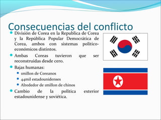 Consecuencias del conflictoDivisión de Corea en la Republica de Corea
y la República Popular Democrática de
Corea, ambos con sistemas político-
económicos distintos.
Ambas Coreas tuvieron que ser
reconstruidas desde cero.
Bajas humanas:
 1millon de Coreanos
 44mil estadounidenses
 Alrededor de 1millon de chinos
Cambio de la política exterior
estadounidense y soviética.
 