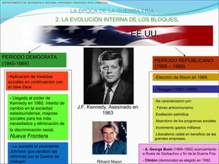 DEPARTAMENTO DE GEOGRAFÍA E HISTORIA. PROFESOR: FRANCISCO RUIZ CAÑESTRO.
LA ÉPOCA DE LA GUERRA FRÍA
2. LA EVOLUCIÓN INTERNA DE LOS BLOQUES.
EE.UU.
PERÍODO DEMÓCRATA
(1945-1969)
PERÍODO REPUBLICANO
(1969 – 1989)
J.F. Kennedy. Asesinado en
1963
-Aplicación de medidas
sociales en continuación con
el New Deal
- Llegada al poder de
Kennedy en 1960, intento de
cambio en la sociedad
estadounidense, mejoras
sociales para los más
necesitados y eliminación de
la discriminación racial.
Nueva Frontera
- Le sucedió el presidente
Johnson que paralizó las
reformas por la Guerra de
Vietnam
-Elección de Nixon en 1969.
- Reagan (1981-1989)
-Se caracterizaron por:
. Férreo anticomunismo
.Exaltación patriótica
.Abandono de los programas sociales
.Incremento gastos militares
.Liberalismo radial en beneficio de las
grandes empresas.
Rihard Nixon
- A. George Bush (1989-1992) acercamiento
a Rusia de Gorbachov y fin de la Guerra Fria.
- Clinton (demócrata) es elegido en 1992.
 