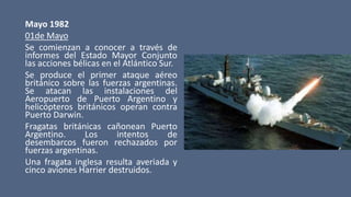 Mayo 1982
01de Mayo
Se comienzan a conocer a través de
informes del Estado Mayor Conjunto
las acciones bélicas en el Atlántico Sur.
Se produce el primer ataque aéreo
británico sobre las fuerzas argentinas.
Se atacan las instalaciones del
Aeropuerto de Puerto Argentino y
helicópteros británicos operan contra
Puerto Darwin.
Fragatas británicas cañonean Puerto
Argentino. Los intentos de
desembarcos fueron rechazados por
fuerzas argentinas.
Una fragata inglesa resulta averiada y
cinco aviones Harrier destruidos.
 
