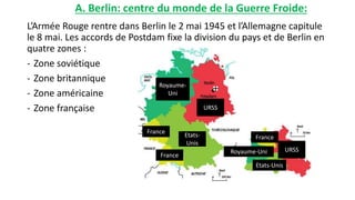 L’Armée Rouge rentre dans Berlin le 2 mai 1945 et l’Allemagne capitule
le 8 mai. Les accords de Postdam fixe la division du pays et de Berlin en
quatre zones :
- Zone soviétique
- Zone britannique
- Zone américaine
- Zone française URSS
Royaume-
Uni
Etats-
Unis
France
France
France
URSSRoyaume-Uni
Etats-Unis
A. Berlin: centre du monde de la Guerre Froide:
 