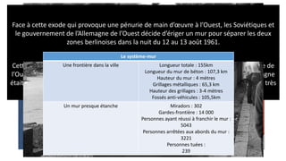 Cette répression amène les Allemands de l’Est sur les routes de l’exode vers l’Allemagne de
l’Ouest. Plus de 3 millions d’Allemands de l’est se réfugient à l’Ouest par Berlin. L’Allemagne
était divisée en deux par le « rideau de fer » et les passages entre les deux blocs étaient très
difficiles; seul Berlin permettait de communiquer facilement avec l’Ouest.
Face à cette exode qui provoque une pénurie de main d’œuvre à l’Ouest, les Soviétiques et
le gouvernement de l’Allemagne de l’Ouest décide d’ériger un mur pour séparer les deux
zones berlinoises dans la nuit du 12 au 13 août 1961.
Le système-mur
Une frontière dans la ville Longueur totale : 155km
Longueur du mur de béton : 107,3 km
Hauteur du mur : 4 mètres
Grillages métalliques : 65,3 km
Hauteur des grillages : 3-4 mètres
Fossés anti-véhicules : 105,5km
Un mur presque étanche Miradors : 302
Gardes-frontière : 14 000
Personnes ayant réussi à franchir le mur :
5043
Personnes arrêtées aux abords du mur :
3221
Personnes tuées :
239
 