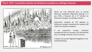 Doc 3. 1979 : la première élection du Parlement européen au suffrage universel :
Dessin de Fritz Behrendt pour le journal
allemand Frankfurter Allgemeine Zeitung, le 9
juin 1979, à l’occasion de la 1ère élection du
Parlement Européen au suffrage universel.
Aujourd’hui composé de 705 députés, le
Parlement européen représente les quelque 450
millions de citoyens européens.
Il est aujourd’hui l’unique institution
européenne dont les membres sont directement
élus, au suffrage universel, tous les cinq ans.
Il dispose de pouvoirs législatif, budgétaire et de
contrôle politique.
 