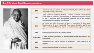 Doc 1. La vie de Gandhi en quelques dates :
1869
Naissance dans une famille de riches marchands, dans le Nord-Ouest de
l’Empire britannique des Indes.
1893
Après avoir suivi des études de droit à Londres, il s’installe comme avocat
d’une firme de commerce appartenant à un Indien musulman en Afrique
du Sud. Il découvre alors les terribles conditions de vie des Indiens,
victimes de la société raciste sud-africaine.
1915
De retour en Inde, il parcourt le pays et commence la lutte pour
l’indépendance du pays. Il jouit déjà d'une grande réputation qui lui vaut
d'être surnommé Mahatma, d'après un mot hindi qui signifie « Grande
âme ».
1920 Gandhi prend la direction du Parti du Congrès.
1920 - 1945
Il mène plusieurs campagnes de désobéissance civile et est plusieurs fois
emprisonné.
1947
Indépendance de l’Inde et partition en deux États : l’Union Indienne et le
Pakistan.
1948 Assassinat de Gandhi par un extrémiste hindou.
 