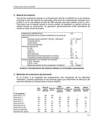 El Experimento Vial de la AASHO 
 
1‐7 
 
2. Material de fundación
Una de las condiciones básicas en el Experimento Vial de la AASHO fue la de mantener
constante el tipo del material de subrasante. Este tenía las características indicadas en el
Cuadro 2, en el cual destaca el valor de CBR saturado para este material -entre 2 y 4%-.
Para lograr que el material variase lo mínimo posible, se estableció un estricto control de
calidad durante la construcción: se ejecutaron aproximadamente 8.000 densidades de
campo en cada circuito de prueba.
Clasificación (AASHO M-U5) A-6
Valores promedio de las muestras obtenidas en las zonas de
préstamo:
Densidad máxima (AASHO T-99-49): 1.858 Kg/m3
( 1 1 6 1b/pie3
)
Humedad óptima 15 %
Límite líquido 29 %
Índice de plasticidad 13
Partículas menores de:
N° 200 81
0.02 mm 63
0.005 mm 42 %
Peso específico 2.71
Densidad promedio alcanzada en el campo 97.7 %
Humedad promedio alcanzada en el campo 16.0 <%
Ensayos efectuados en el terraplén ya construido:
C.B.R., saturado 2-4
C.B.R., in situ 2-4 %
Módulo de reacción K de la subrasante 1,25 Kg/cm3
( 45 1b/plg3
)
Cuadro 2. Características del material utilizado en el terraplén (sub-rasante)
 
3. Materiales de la estructura del pavimento
En el Cuadro 3 se presentan las características más importantes de los diferentes
materiales y mezclas empleados en las diversas capas que conformaron la estructura del
pavimento flexible en el Experimento Vial de la AASHO.
Sub-
base
Base de
piedra
triturada
Base de
grava
Base
tratada con
cemento
portland
Base
tratada con
asfalto
Mezcla
para capa
superficial
Mezcla
para capa
ligante
% de agregado =
Pasa tamiz 1-1/2” - 100 100 - - - -
Pasa tamiz 1” 100 90 98 100 100 - 100
Pasa tamiz ¾” 96 80 - 96 96 100 -
Pasa tamiz ½” 90 68 74 90 90 92 75
Pasa tamiz Nº 4 71 50 49 71 71 65 36
Pasa tamiz Nº 40 25 21 23 25 25 22 13
Pasa tamiz Nº 200 7 11 9 7 7 5 4
Índice de plasticidad NP NP 3.5 - - - -
Densidad máx. (lb/pie) 138 139 140 138 149 151 154
 
