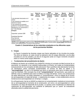 El Experimento Vial de la AASHO 
 
1‐8 
 
Sub-
base
Base de
piedra
triturada
Base de
grava
Base
tratada con
cemento
portland
Base
tratada con
asfalto
Mezcla
para capa
superficial
Mezcla
para capa
ligante
% de densidad alcanzada en el
campo
102 102 104 101 97 97 97
% de contenido de asfalto en el
total de la mezcla
- - - - 5,2 5,4 4,5
% de contenido de cemento
portland en el total de la mezcla
- - - 4,0 - - -
Resistencia a la comprensión a
los 7 días (lb/pulg)
- - - 840 - - -
Ensayos
Capacidad portante CBR
28% a
51%
>72%
Promedio
108%
Estabilidad Marshall - - - - 1.600 2.000 1.800
Flujo Marshall - - - - 10 11 11
%total de vacíos - - - - 6,2 3,6 4,8
Sub-base: mezcla natural de arena y grava sin triturar. Base de piedra triturada: Caliza dolomítica triturada, arena y piedra. Base de grava: grava
natural sin triturar. Base tratada: material de sub-base, mezclado con cemento asfáltico o cemento portland. Concreto asfáltico: caliza dolomítica
triturada y arena natural sin triturar, con polvillo de caliza dolomítica.
Cuadro 3. Características de los materiales empleados en las diferentes capas
de los pavimentos flexibles
4. Cargas
La Figura 4 presenta las diversas cargas que fueron aplicadas en los circuitos de prueba.
Tal como se observa, en cada circuito se aplicaron dos (2) cargas diferentes: una de ellas
circulaba en uno los canales y la otra en el segundo canal; en ningún momento circularon
sobre un mismo canal cargas diferentes.
• Fundamentos del procedimiento de diseño
El Método de Diseño de la AASHO (hoy AASHTO) introdujo el concepto de falla funcional de un
pavimento, en oposición a los métodos tradicionales a la fecha, los cuales se fundamentaban
exclusivamente en los conceptos de falla estructural. Para cuantificar esta descripción funcional
se introdujeron varios conceptos fundamentales. El primero de ellos se refiere a la
“servicapacidad”, es decir a la habilidad que tiene un pavimento para servir al tráfico para el
cual fue diseñado. Otro concepto fue el del “comportamiento” del pavimento, que puede ser
definido como su habilidad para servir al tráfico a lo largo del tiempo. Como una consecuencia
de estas definiciones, se puede interpretar a) “comportamiento” como la integral de la función
de servicapacidad a lo largo del tiempo - o repeticiones de cargas-, o más simplemente como la
tendencia de la servicapacidad con el tiempo -o cargas-.
En el Experimento Vial de la AASHO se determinó el comportamiento mediante el conocimiento
de su servicapacidad al momento de la construcción, así como a la servicapacidad en varios
momentos a lo largo del desarrollo de la prueba. La manera como inicialmente se obtenían las
mediciones de servicapacidad, era mediante la calificación que un “panel” de evaluadores
efectuaba sobre la calidad del pavimento.
 