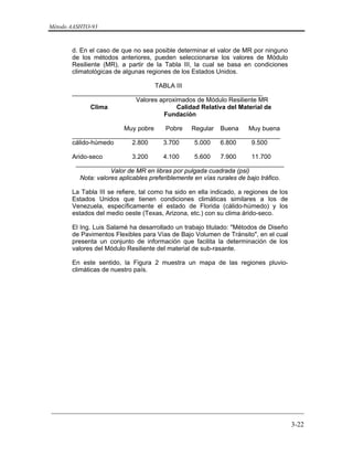 Método AASHTO-93
_________________________________________________________________________
3-22
d. En el caso de que no sea posible determinar el valor de MR por ninguno
de los métodos anteriores, pueden seleccionarse los valores de Módulo
Resiliente (MR), a partir de la Tabla III, la cual se basa en condiciones
climatológicas de algunas regiones de los Estados Unidos.
TABLA III
______________________________________________________
Valores aproximados de Módulo Resiliente MR
Clima Calidad Relativa del Material de
Fundación
Muy pobre Pobre Regular Buena Muy buena
___________________________________________________________
cálido-húmedo 2.800 3.700 5.000 6.800 9.500
Arido-seco 3.200 4.100 5.600 7.900 11.700
___________________________________________________________
Valor de MR en libras por pulgada cuadrada (psi)
Nota: valores aplicables preferiblemente en vías rurales de bajo tráfico.
La Tabla III se refiere, tal como ha sido en ella indicado, a regiones de los
Estados Unidos que tienen condiciones climáticas similares a los de
Venezuela, específicamente el estado de Florida (cálido-húmedo) y los
estados del medio oeste (Texas, Arizona, etc.) con su clima árido-seco.
El Ing. Luis Salamé ha desarrollado un trabajo titulado: "Métodos de Diseño
de Pavimentos Flexibles para Vías de Bajo Volumen de Tránsito", en el cual
presenta un conjunto de información que facilita la determinación de los
valores del Módulo Resiliente del material de sub-rasante.
En este sentido, la Figura 2 muestra un mapa de las regiones pluvio-
climáticas de nuestro país.
 