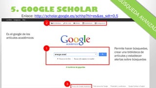 5. GOOGLE SCHOLAR
3
2
Enlace: http://scholar.google.es/schhp?hl=es&as_sdt=0,5
1
Es el google de los
artículos académicos
P...