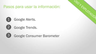 Google Alerts.
Pasos para usar la información:
1
Google Trends.
Google Consumer Barometer
2
3
 