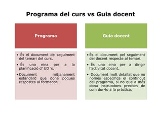 Programa del curs vs Guia docent


          Programa                         Guia docent



• És el document de seguiment      • És el document pel seguiment
 del temari del curs.                del docent respecte al temari.
• És una eina per         a   la   • És una eina per      a   dirigir
 planificació d’ UD ’s.             l’activitat docent.
• Document           mitjanament   • Document molt detallat que no
  estàndard que dona poques         només especifica el contingut
  respostes al formador.            del programa, si no que a més
                                    dona instruccions precises de
                                    com dur-lo a la pràctica.
 